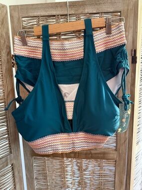 Teal Bikini Set with Multicolor Crochet Trim -
